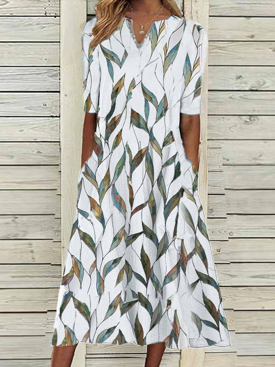 Women’s Midi Dress – V-Neck – Relaxed Fit – Leaf Print – Breathable Blend – Half Sleeve