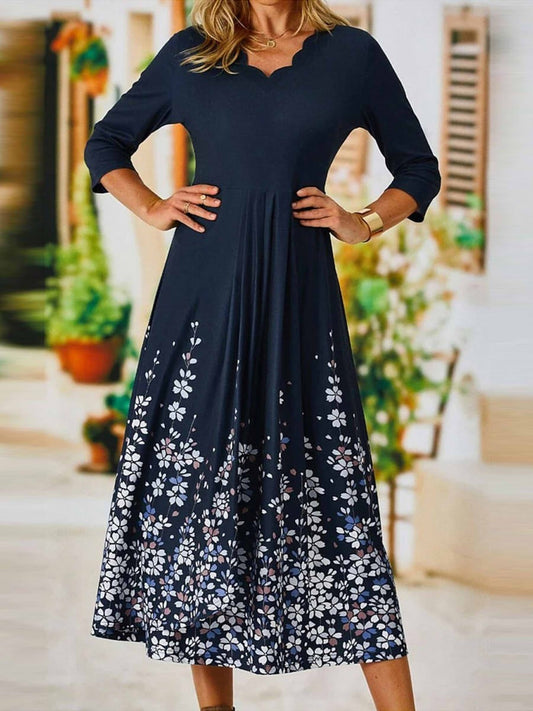 Women’s Midi Dress – Scalloped Neck – A-Line Fit – 3/4 Sleeve – Cotton Blend – Floral Print