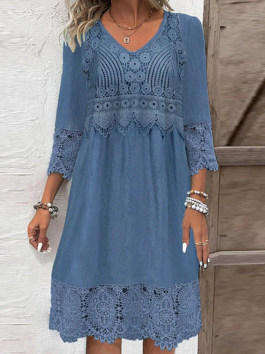 Women’s Midi Dress – Loose Fit – Lace Sleeves and Hem – V-Neck – Cotton Blend Fabric