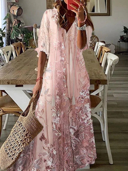 Women’s Maxi Dress – Breathable Blend – Lace Detail – Loose Fit – V Neck – Half Sleeve