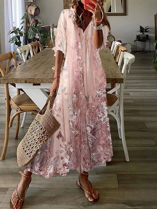 Women’s Maxi Dress – Breathable Blend – Lace Detail – Loose Fit – V Neck – Half Sleeve