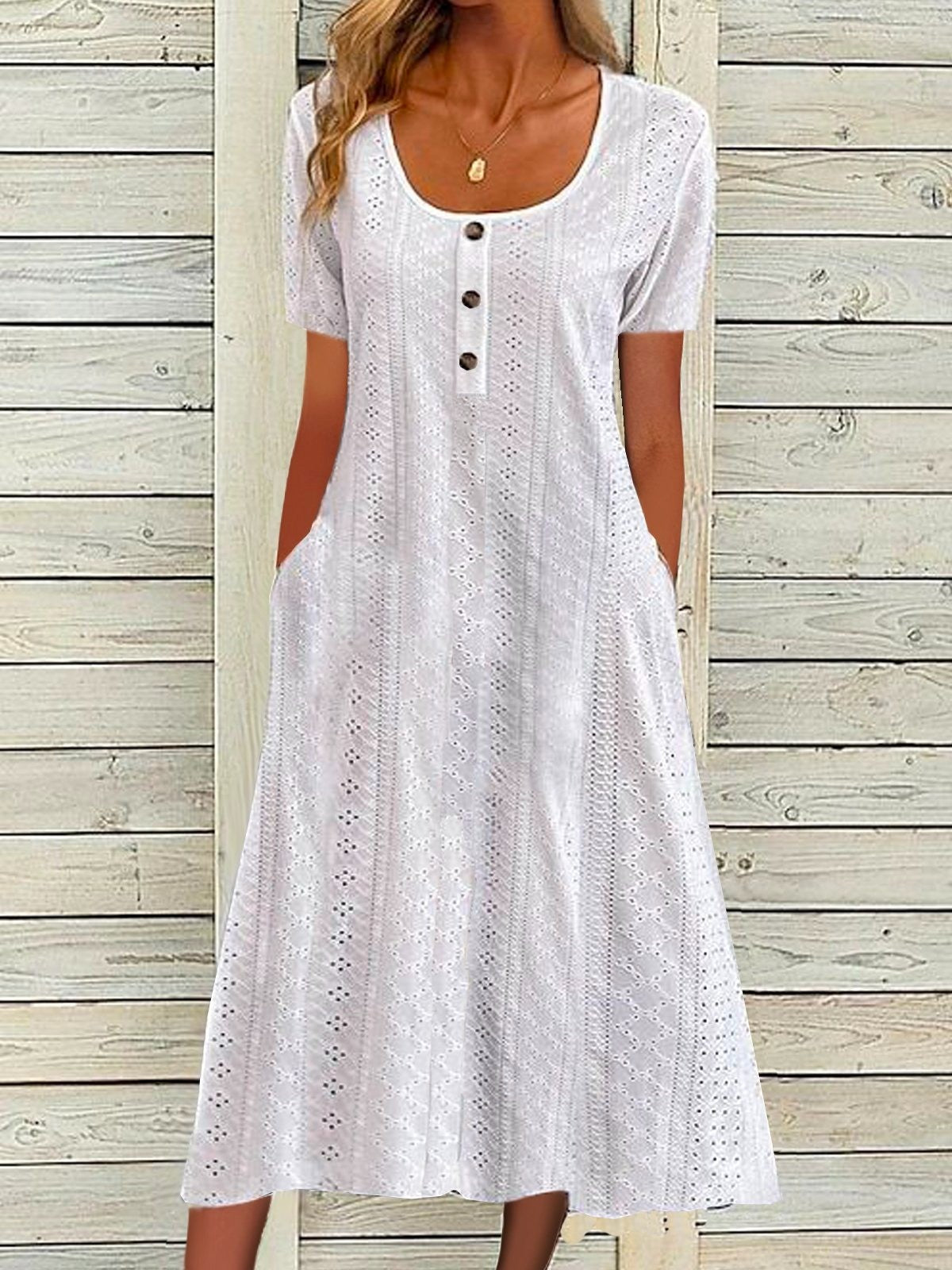 Women’s Maxi Dress – Relaxed Fit – Button Front – Short Sleeve – Breathable Blend – Pockets
