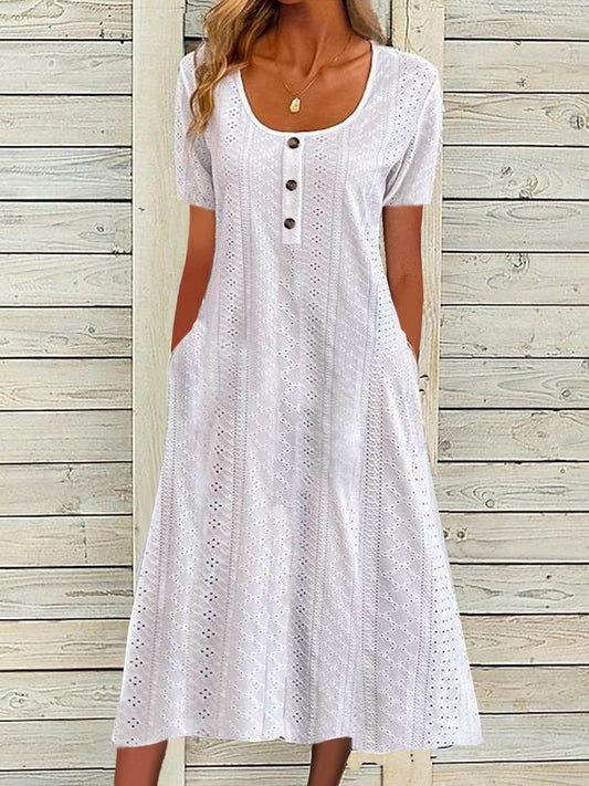 Women’s Maxi Dress – Relaxed Fit – Button Front – Short Sleeve – Breathable Blend – Pockets