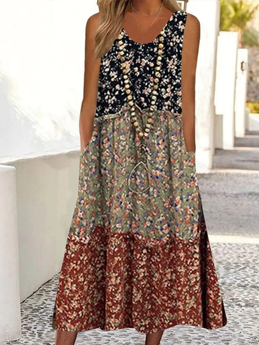 Women’s Midi Dress – Relaxed A-Line Fit – Sleeveless V-Neck – Tiered Floral Print