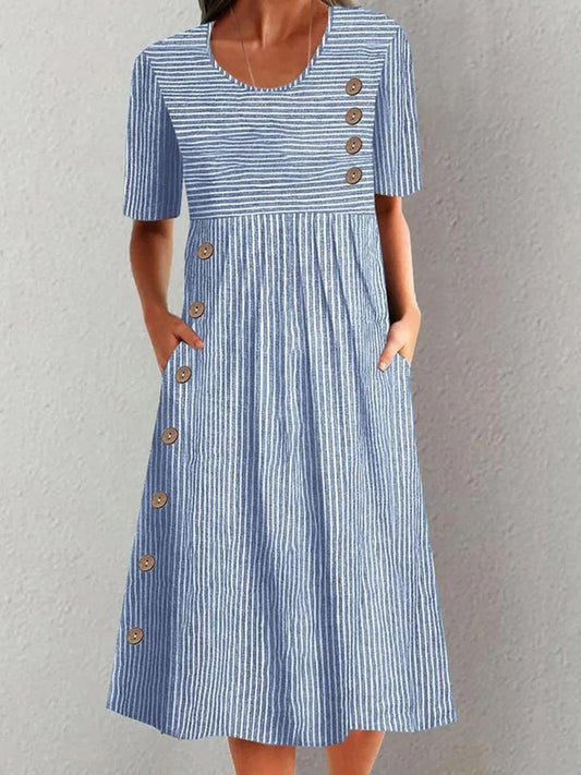 Women’s Midi Dress – Relaxed Fit – A-Line Silhouette – Striped – Breathable Blend – Pockets