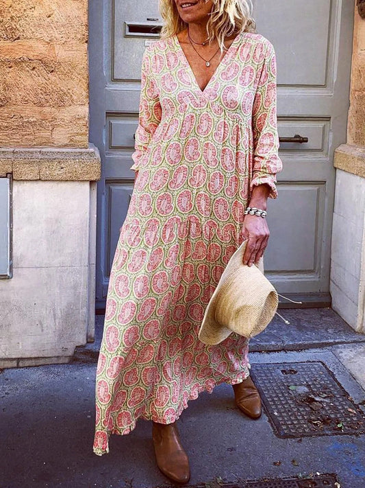 Women’s Maxi Dress – Relaxed Fit – V Neck – Floral Print – Puff Long Sleeve – Cotton Blend