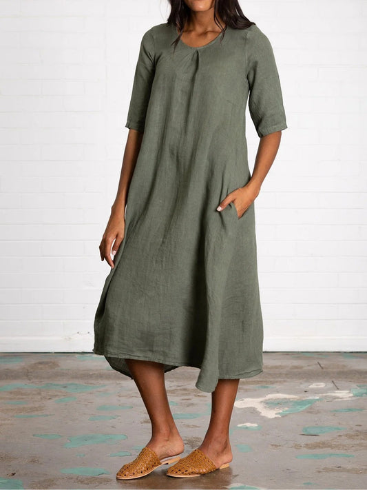 Women’s Midi Dress – Natural Fibers – V-Neck – Half Sleeve – Relaxed Fit – Pockets