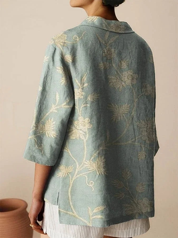 Women’s Shirt – Loose Fit – Cotton Blend – Embroidered – Notched Collar – 3/4 Sleeve