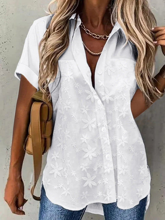 Women’s Blouse – Relaxed Fit – Short Sleeve – Lace Floral Detail – Button Down – Breathable Blend