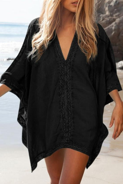 Women’s Tunic Cover-Up – Relaxed Fit – V-Neck – Lace Trim – Breathable Blend