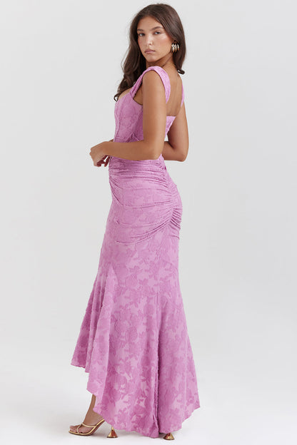 Women’s Lace Dress – Off-Shoulder – Fitted Silhouette – Ruched Bodice – Formal Wear