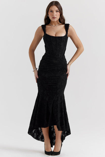 Women’s Lace Dress – Off-Shoulder – Fitted Silhouette – Ruched Bodice – Formal Wear