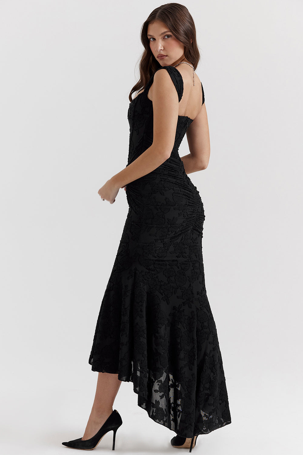 Women’s Lace Dress – Off-Shoulder – Fitted Silhouette – Ruched Bodice – Formal Wear