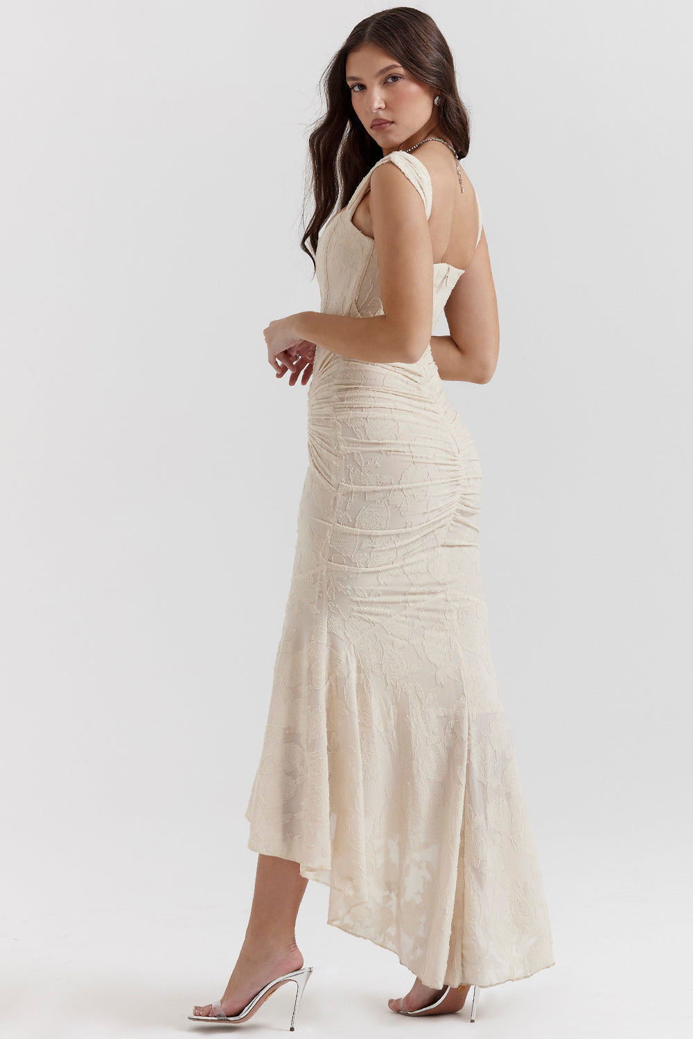 Women’s Lace Dress – Off-Shoulder – Fitted Silhouette – Ruched Bodice – Formal Wear