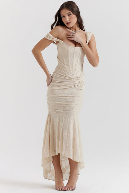 Women’s Lace Dress – Off-Shoulder – Fitted Silhouette – Ruched Bodice – Formal Wear
