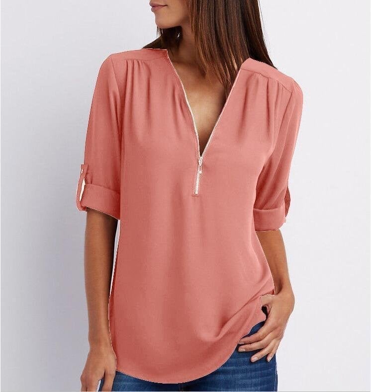 Women’s Blouse – Relaxed Fit – Cotton Blend – Half Zip – 3/4 Roll-Up Sleeves