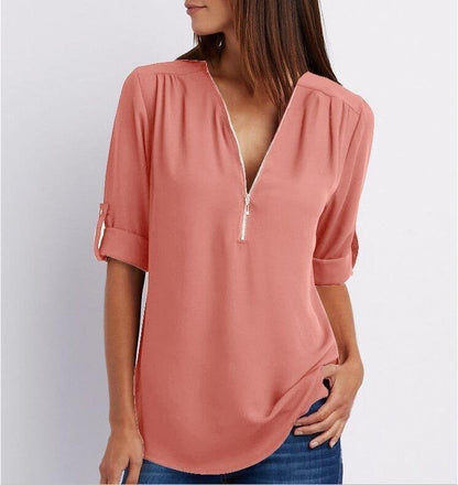 Women’s Blouse – Relaxed Fit – Cotton Blend – Half Zip – 3/4 Roll-Up Sleeves