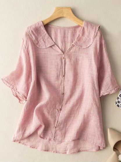 Women’s Short Sleeve Shirt – Cotton Linen – Loose Fit – Retro Scalloped Collar