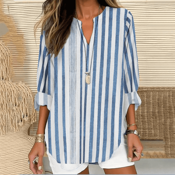 Women’s Tunic Top – Loose Fit – V-Neck – 3/4 Sleeve – Natural Fibers – Striped