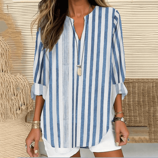 Women’s Tunic Top – Loose Fit – V-Neck – 3/4 Sleeve – Natural Fibers – Striped