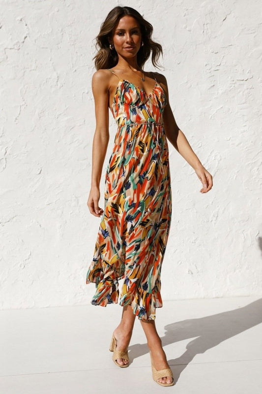 Women’s Midi Dress – Lightweight Chiffon – Relaxed Fit – V-Neck – Ruffled Hem
