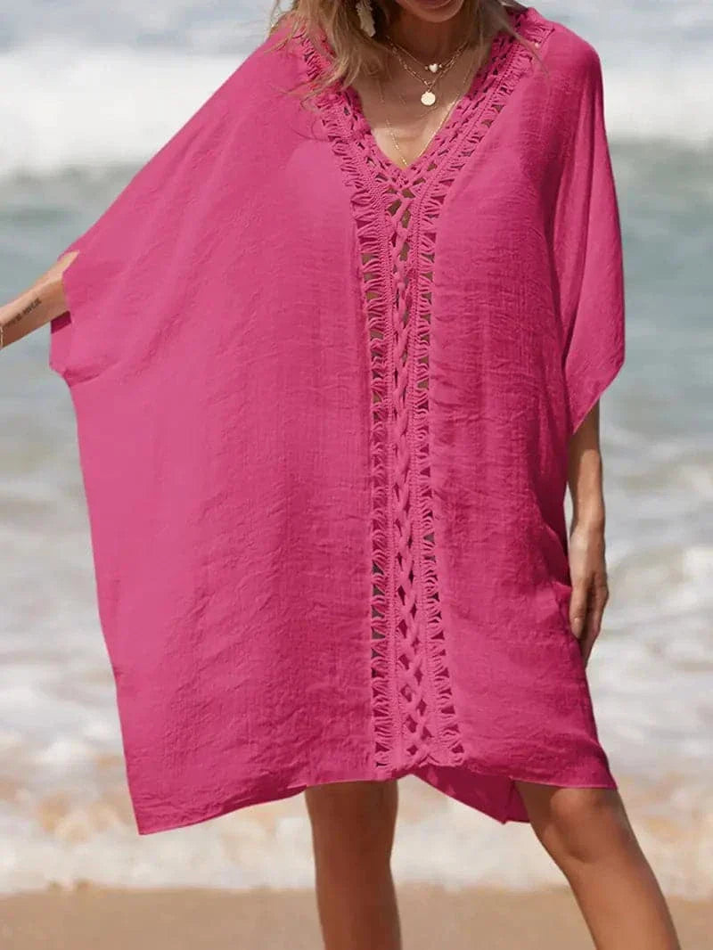 Women’s Kimono – Relaxed Fit – Natural Fibers – V-Neck – Lace Trim – Knee Length