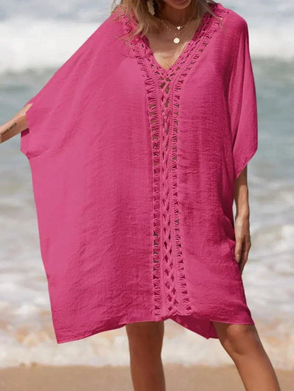Women’s Kimono – Relaxed Fit – Natural Fibers – V-Neck – Lace Trim – Knee Length