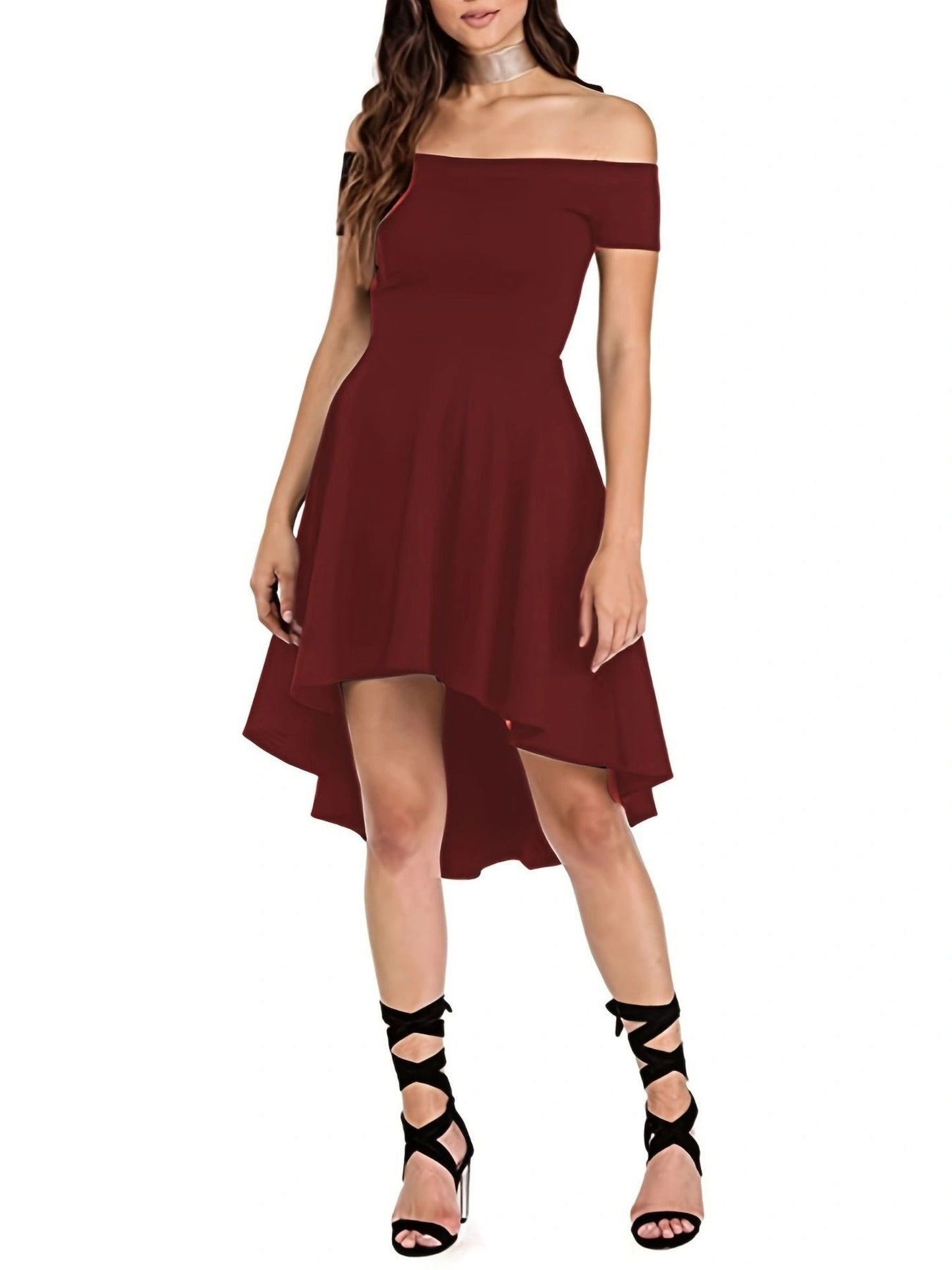 Women's Off-Shoulder High-Low Dress - Fit-and-Flare - Short Sleeve Elegant Party Wear