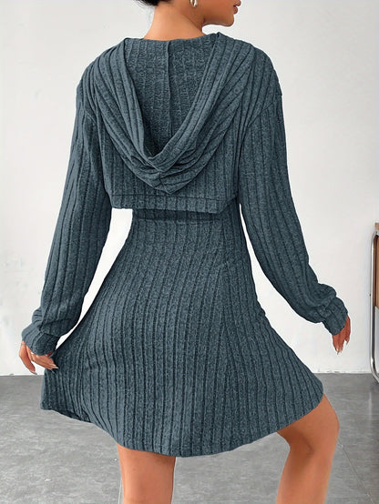 Women's Knit Sweater Dress - Ribbed Texture - V-Neck Cutout - Long Sleeve Mini Fit