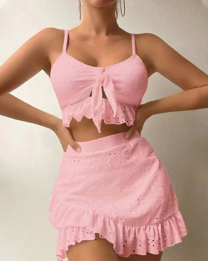 Women’s Bikini Set – Tie Front Top – Eyelet Embroidery – Ruffled Skirt – Slim Fit