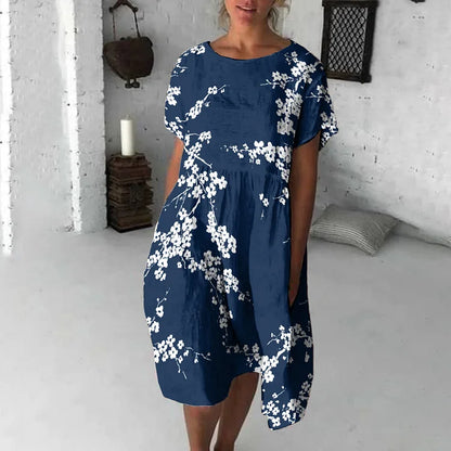 Women’s Midi Dress – Relaxed Flowy Fit – Short Sleeve – Floral Print – Breathable Blend