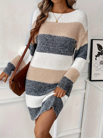 Women's Knit Sweater Dress - Soft Fabric - Relaxed Fit - Long Sleeve Crew Neck