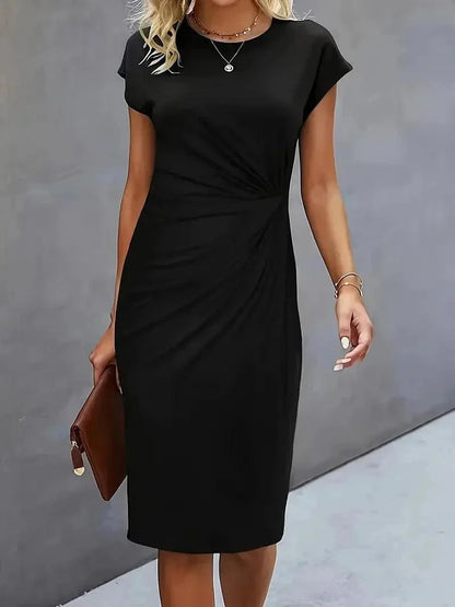 Women's Sheath Dress - Round Neck - Cap Sleeves - Ruched Waist - Fitted Midi Length