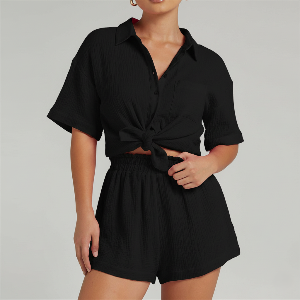 Women's Set - Button Down Shirt And Shorts - Casual Loose Fit