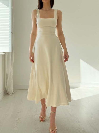 Women’s Midi Dress – A-Line Fit – Smooth Stretch Fabric – Square Neck – Broad Straps