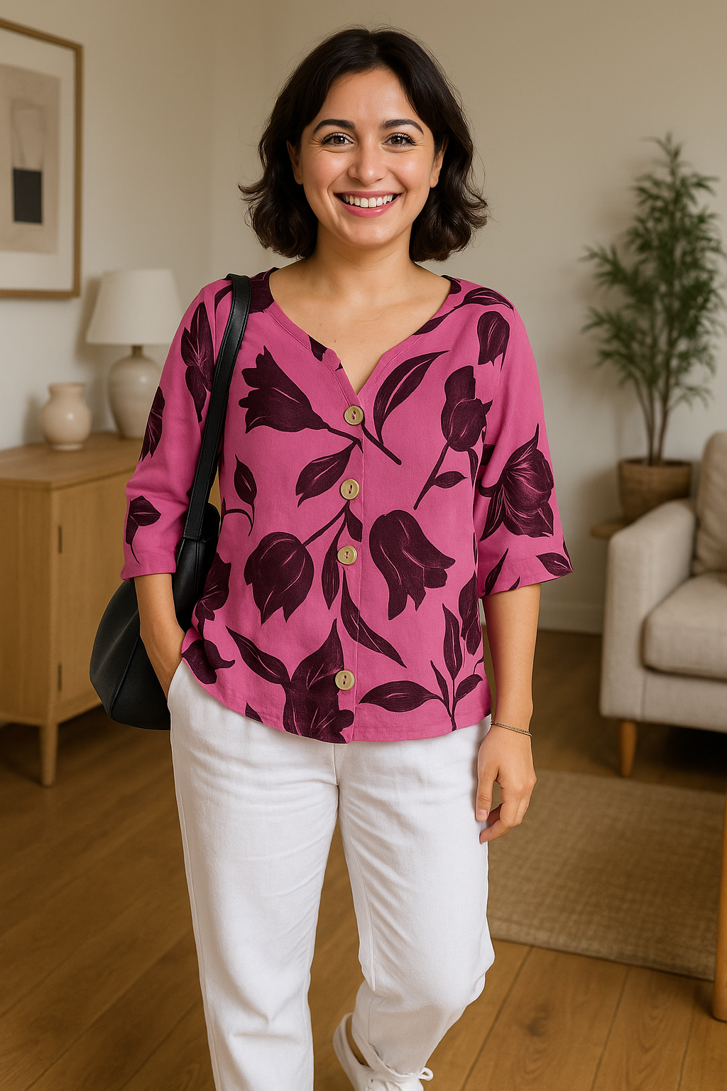 Women’s Blouse – Relaxed Fit – V-Neck – Half Sleeve – Floral Print – Cotton Blend