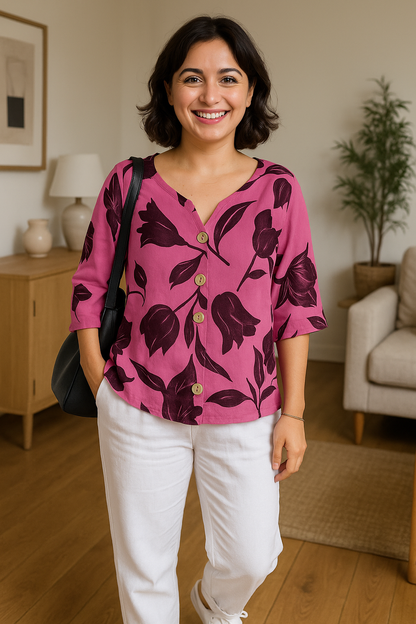 Women’s Blouse – Relaxed Fit – V-Neck – Half Sleeve – Floral Print – Cotton Blend