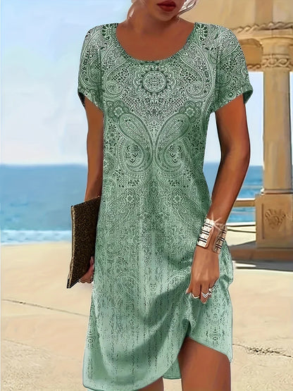 Women’s Midi Dress – Relaxed Fit – Scoop Neck – Short Sleeve – Paisley Pattern – Breathable Blend
