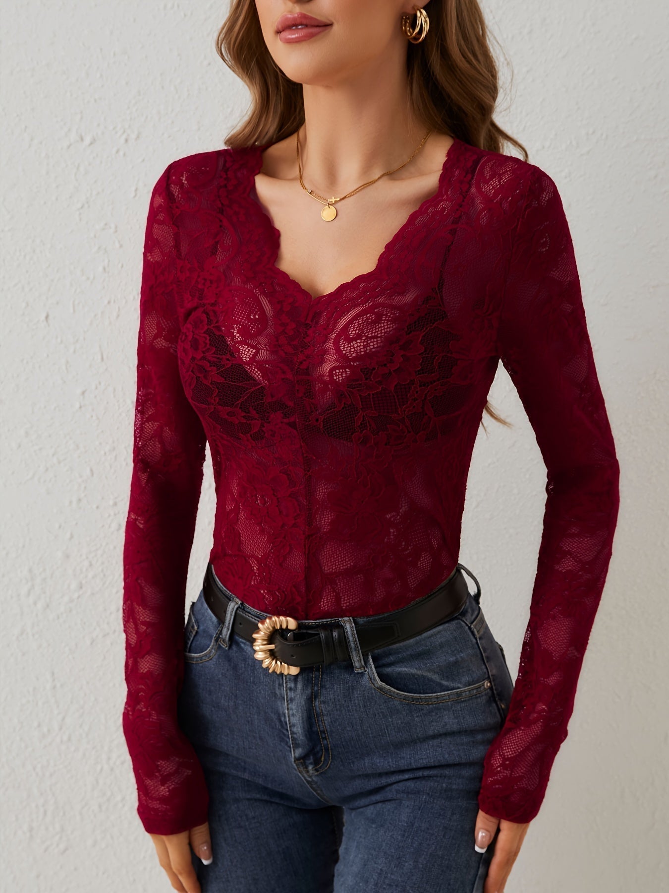 Women’s Lace Shirt – Slim Fit – Sheer Floral Long Sleeve – Deep V-Neck Elegant Style