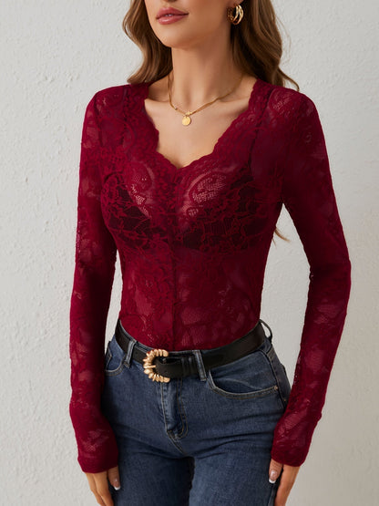 Women’s Lace Shirt – Slim Fit – Sheer Floral Long Sleeve – Deep V-Neck Elegant Style