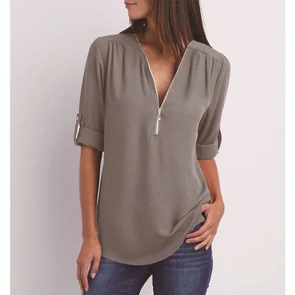 Women’s Blouse – Relaxed Fit – Cotton Blend – Half Zip – 3/4 Roll-Up Sleeves