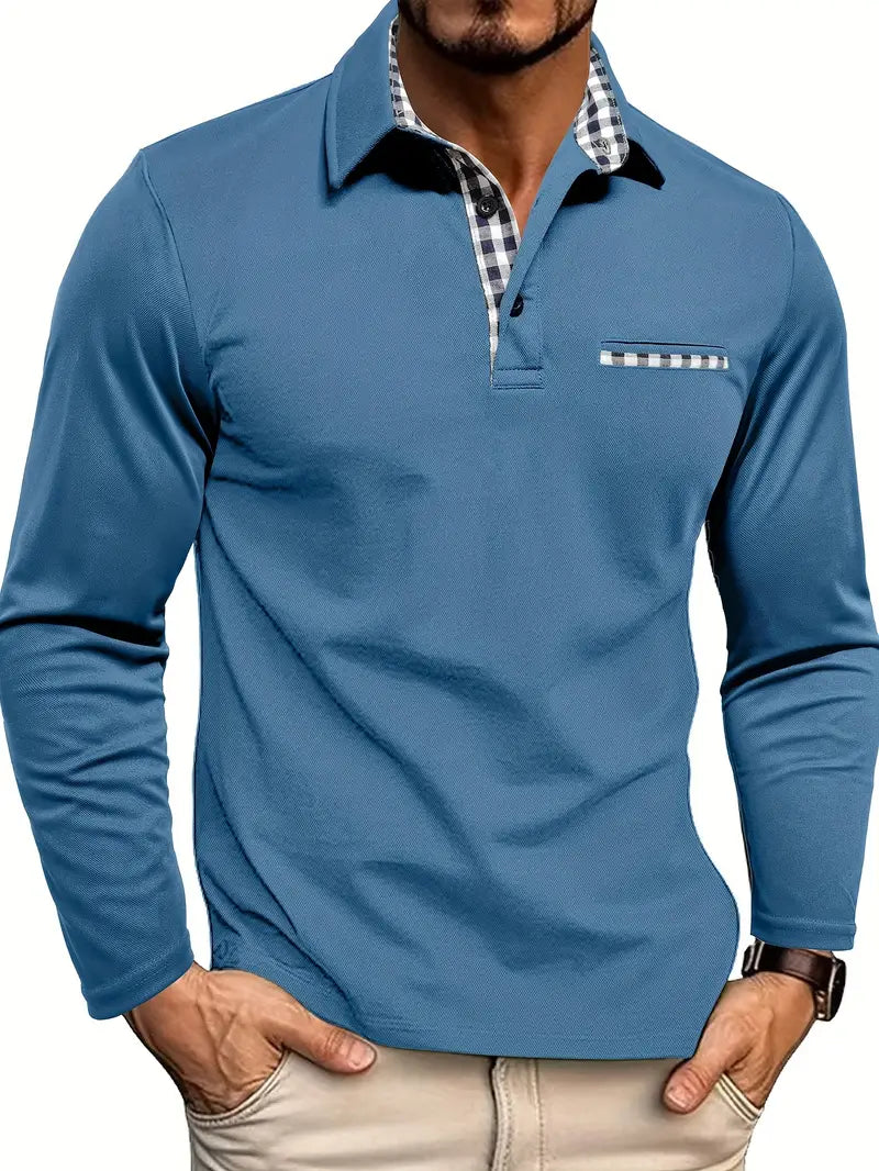 Men’s Polo Shirt – Regular Fit – Long Sleeve – Breathable Cotton Blend – Contrast Trim