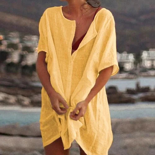 Women’s Tunic Top – Relaxed Fit – Natural Fibers – Short Sleeve – Tie Front Styling