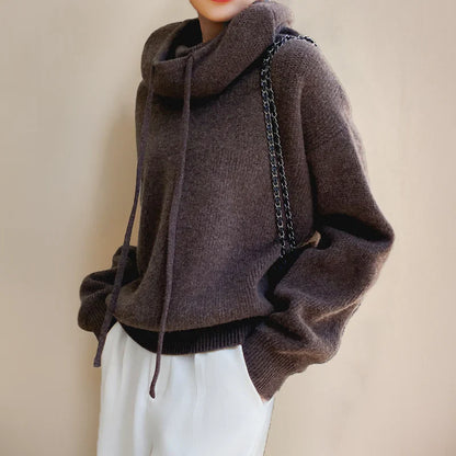 Women’s Turtleneck Sweater – Wool Knit – Oversized Fit – Drawstring Neck – Ribbed Hem