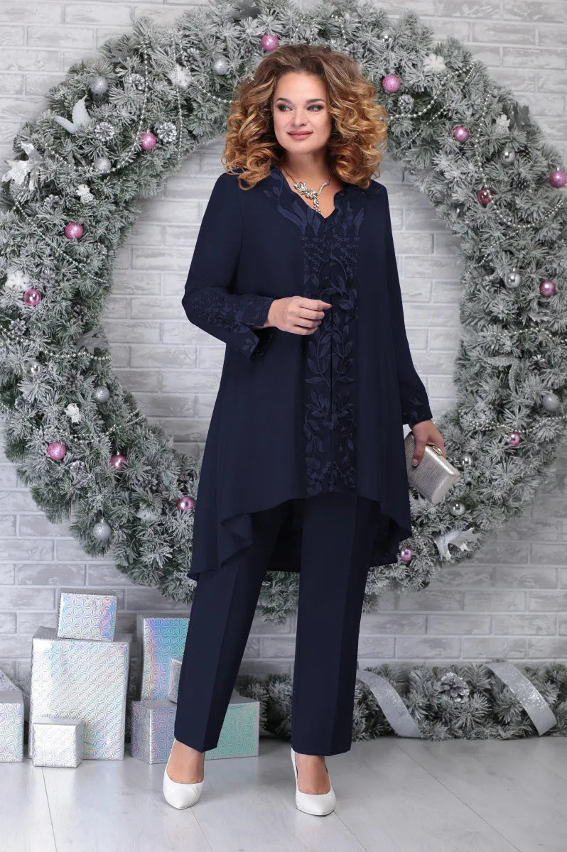 Women’s Three-Piece Suit Set – Embroidered Top – Asymmetrical Hem – Breathable Blend – Relaxed Fit