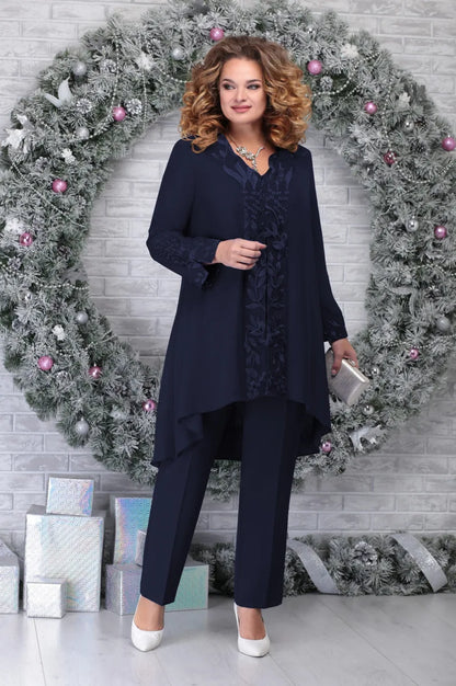 Women’s Three-Piece Suit Set – Embroidered Top – Asymmetrical Hem – Breathable Blend – Relaxed Fit