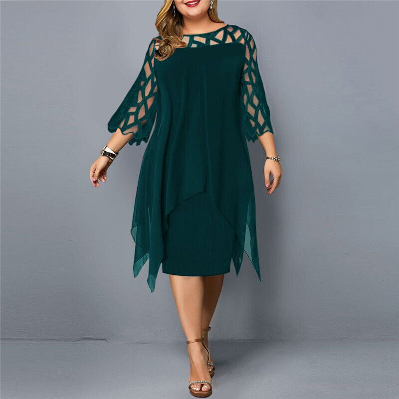 Women’s Midi Dress – Relaxed Fit – Sheer Overlay – Geometric Cut-Out – Half Sleeve