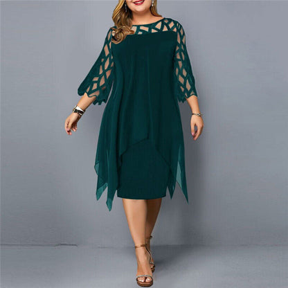 Women’s Midi Dress – Relaxed Fit – Sheer Overlay – Geometric Cut-Out – Half Sleeve