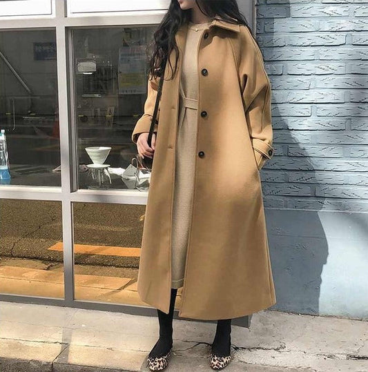 Women’s Long Coat – Wool Blend – Oversized Fit – Button Front – Classic Collar