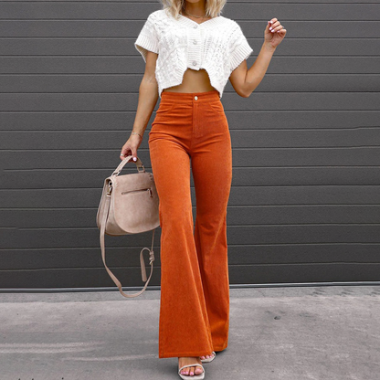 Women’s Bellbottom Pants – High Waist – Curve Fit – Structured Denim – Full Length
